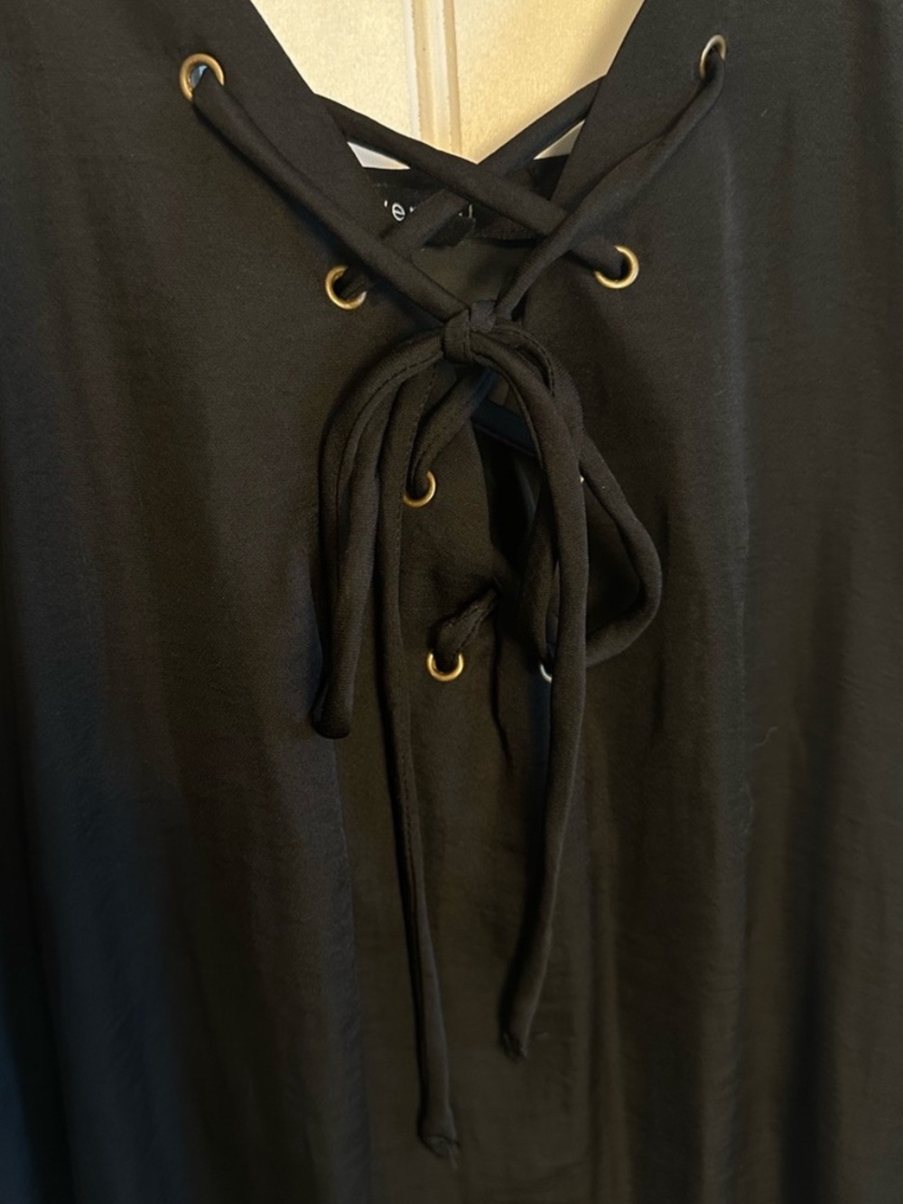 Black Lace-Up V-Neck, Silk Like Material